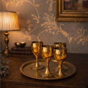 Vintage Brass Goblet Set w/ Matching Etched Tray Gold Tone Estate Barware
